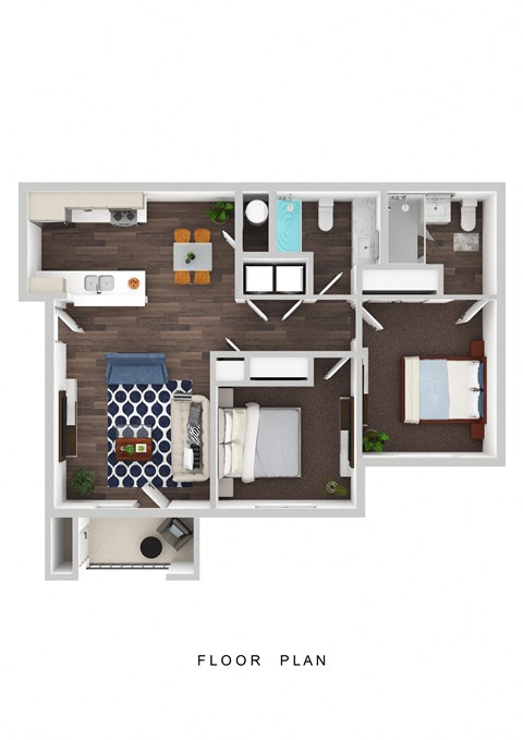 Floor plan for 2 beds, 2 baths, 910 sqft